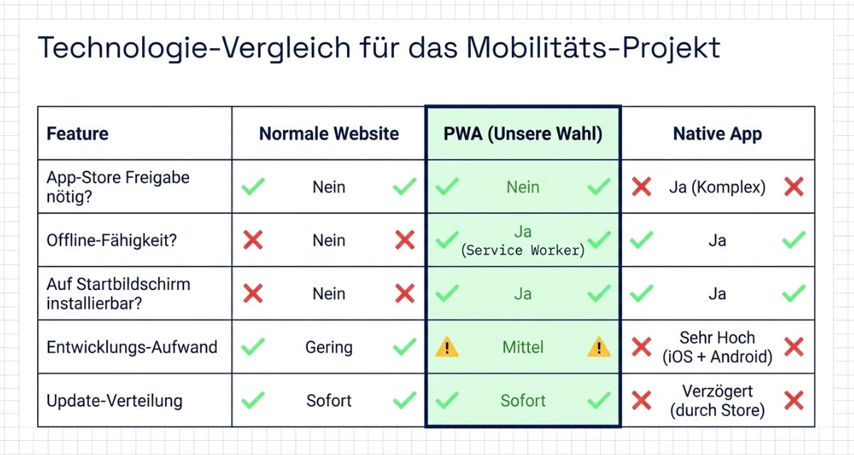 Technologie-Vergleich: Website, PWA und native App