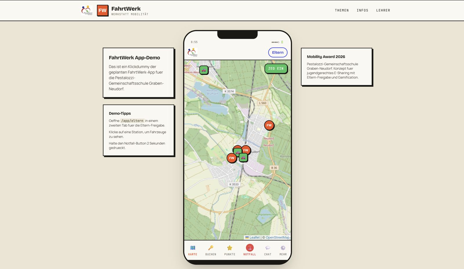 FahrtWerk-App mit Live-Karte (Smartphone-Mockup)